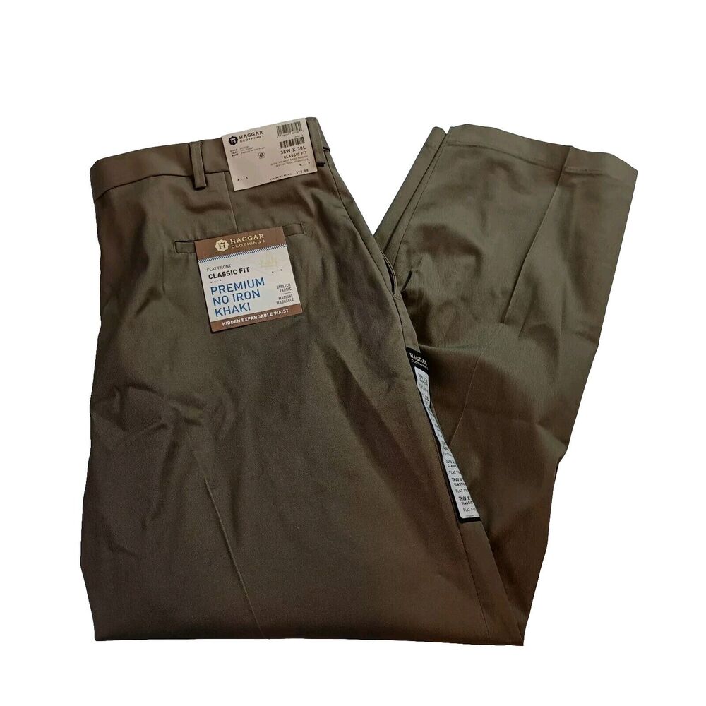 Haggar Premium No Iron Khakis Men's 38x30 Toast Classic Fit Flat Front